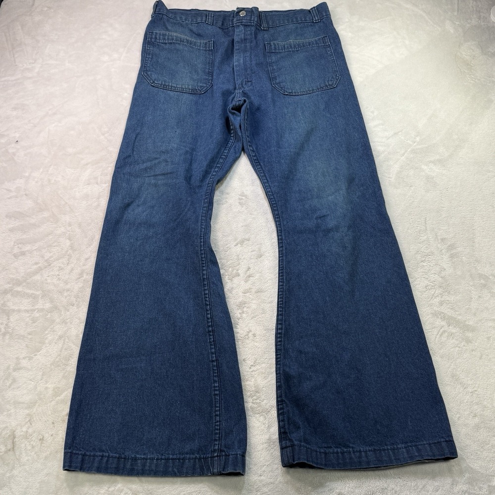 Vintage 70s Seafarer Bell Bottom Jeans 36x32 USA Made Navy Denim Sailor Talon 42